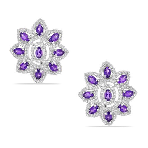 925 SILVER  AFRICAN AMETHYST GEMSTONE FLOWER EARRINGS